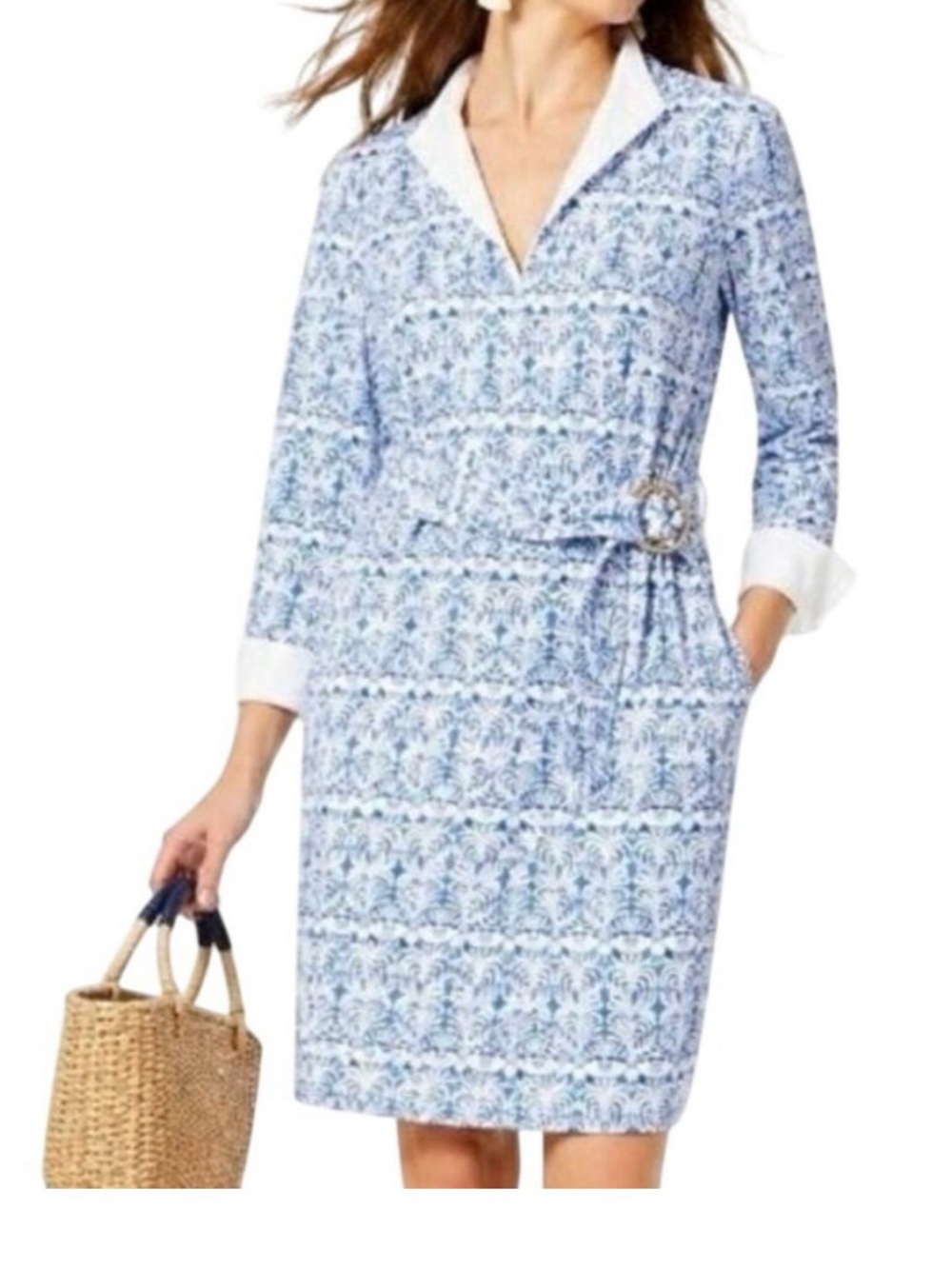 J. McLaughlin Blue White Belted Shirt Dress 3/4 Sleeve Resort Preppy Size XS - Picture 3 of 8